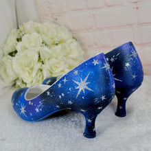 Load image into Gallery viewer, Hand-Painted Celestial Wedding Shoes – Blue Galaxy Low Heels
