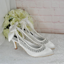 Load image into Gallery viewer, Bridal Slingback Shoes – Satin Bridal Heels with Pearls &amp; Bow Detail, UK6 / US8.5
