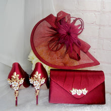 Load image into Gallery viewer, Burgundy Red Satin Bridal Set: Heels, Clutch Bag &amp; Fascinator Hat

