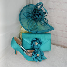 Load image into Gallery viewer, Teal Satin Bridal Set: Handmade Clutch, Fascinator Hat &amp; Heels
