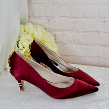 Load image into Gallery viewer, Burgundy Red Satin Bridal Set: Heels, Clutch &amp; Fascinator

