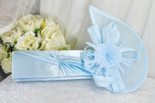 Load image into Gallery viewer, Bridal Fascinator and Satin Clutch Purse Set, Light Blue Hatinator and Bag
