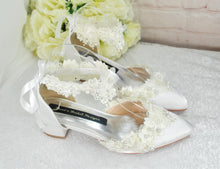 Load image into Gallery viewer, Ivory Satin and Lace Floral Block Heels Bridal Shoes – UK3 – Ready to Dispatch
