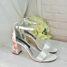 Load image into Gallery viewer, Ivory Satin Bridal Sandals with Floral Embroidery, Wedding Shoes with Ankle Strap, Bridal Shoes with Block Heel
