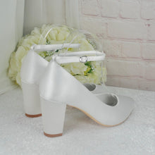 Load image into Gallery viewer, Bridal Block Heel Shoes – White Bridesmaid Shoes With Ankle Strap • Size UK9/US11
