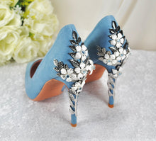Load image into Gallery viewer, Handmade Blue Suede Heels: Silver Floral Bridal Pumps UK7/US9.5
