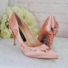 Load image into Gallery viewer, Blush Pink Satin Bridal Shoes with Rose Gold Filigree Vines
