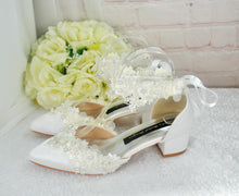 Load image into Gallery viewer, Ivory Satin and Lace Floral Block Heels Bridal Shoes – UK3 – Ready to Dispatch
