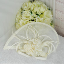 Load image into Gallery viewer, Ivory Satin Bridal Set: Handmade Clutch Bag &amp; Fascinator Hatinator
