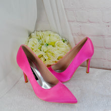 Load image into Gallery viewer, Hot Pink Satin Heel, Clutch &amp; Fascinator Set: Handmade Wedding Guest Outfit
