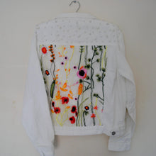 Load image into Gallery viewer, Custom Floral Bridal Jacket with Pearls, White Wedding Denim Jacket for Bride with Flower Embroidered Panel
