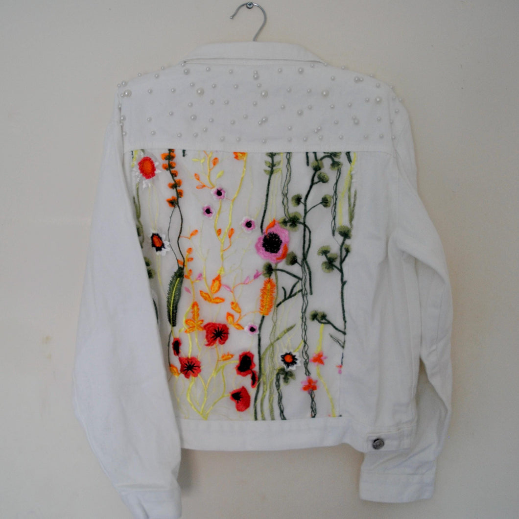 Custom Floral Bridal Jacket with Pearls, White Wedding Denim Jacket for Bride with Flower Embroidered Panel