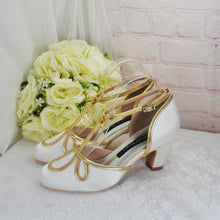 Load image into Gallery viewer, Ivory Satin T-Bar Bridal Sandals: Vintage Style Block Heel, UK7/US9.5
