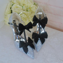 Load image into Gallery viewer, Luxury Silver Crystal Sandals with Black Velvet Bows
