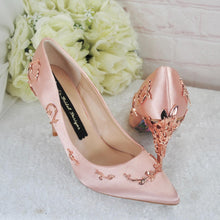 Load image into Gallery viewer, Blush Pink Satin Bridal Shoes with Rose Gold Filigree Vines
