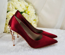 Load image into Gallery viewer, Burgundy Satin Bridal Shoes | Custom Made Comfortable Wedding Heels with Cherry Blossom Detail • UK5 / US7.5
