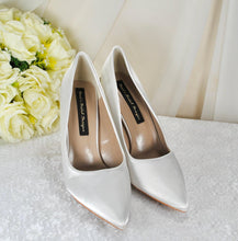 Load image into Gallery viewer, Bridal Satin Heels – Handmade Ivory Wedding Shoes with Silver Floral Heel Vine • UK4/US6.5
