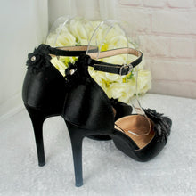 Load image into Gallery viewer, Black Satin Bridal Set: Handmade Fascinator, Clutch &amp; Heels
