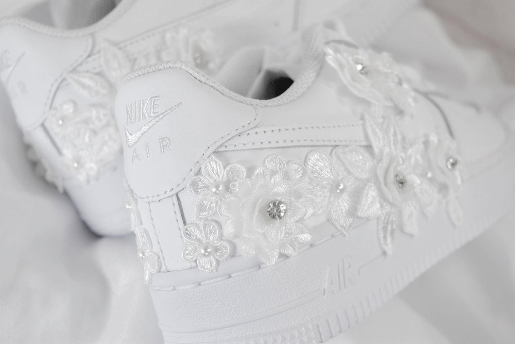 Nike Air Force 1 Custom Trainers – Personalised Bridal Sneakers With Lace Floral Design • UK5/US7.5