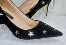 Load image into Gallery viewer, Black or Navy Velvet Celestial Bridal Shoes – Star Stiletto Heels
