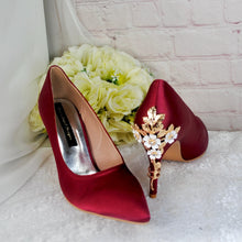 Load image into Gallery viewer, Burgundy Red Satin Bridal Set: Heels, Clutch Bag &amp; Fascinator Hat
