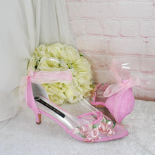 Load image into Gallery viewer, Pink Embroidered Heels, Flower Bridal Shoes, Kitten Heel Wedding Shoe - UK6/US8.5
