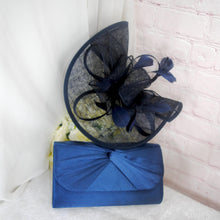 Load image into Gallery viewer, Navy Blue Satin Bridal Set: Heels, Clutch Bag &amp; Fascinator
