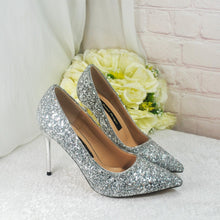 Load image into Gallery viewer, Silver Glitter Bridal Heels – Pointed Toe Stilettos | Handmade Pumps • UK4/US6.5
