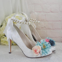 Load image into Gallery viewer, Bridal Lace Heels – White Lace Bridal Shoes with Pearl Strap &amp; Floral Details • UK5/US7.5
