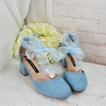 Load image into Gallery viewer, Blue Suede Low Heel Bridal Sandals, Wedding Shoes with Ankle Strap, Bridal Shoes with Block Heel
