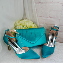 Load image into Gallery viewer, Teal Satin Bridal Set: Handmade Heels, Clutch Bag &amp; Fascinator
