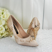 Load image into Gallery viewer, Champagne Satin Bridal Shoes: Gold Filigree Vine Wedding Heels
