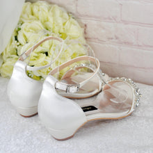 Load image into Gallery viewer, Ivory Satin Wedding Sandals: Low Block Heel Bridal Shoes with Ankle Strap  • UK6/US8.5
