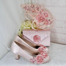 Load image into Gallery viewer, Pink Satin Bridal Set: Embroidered Block Heels, Clutch &amp; Fascinator

