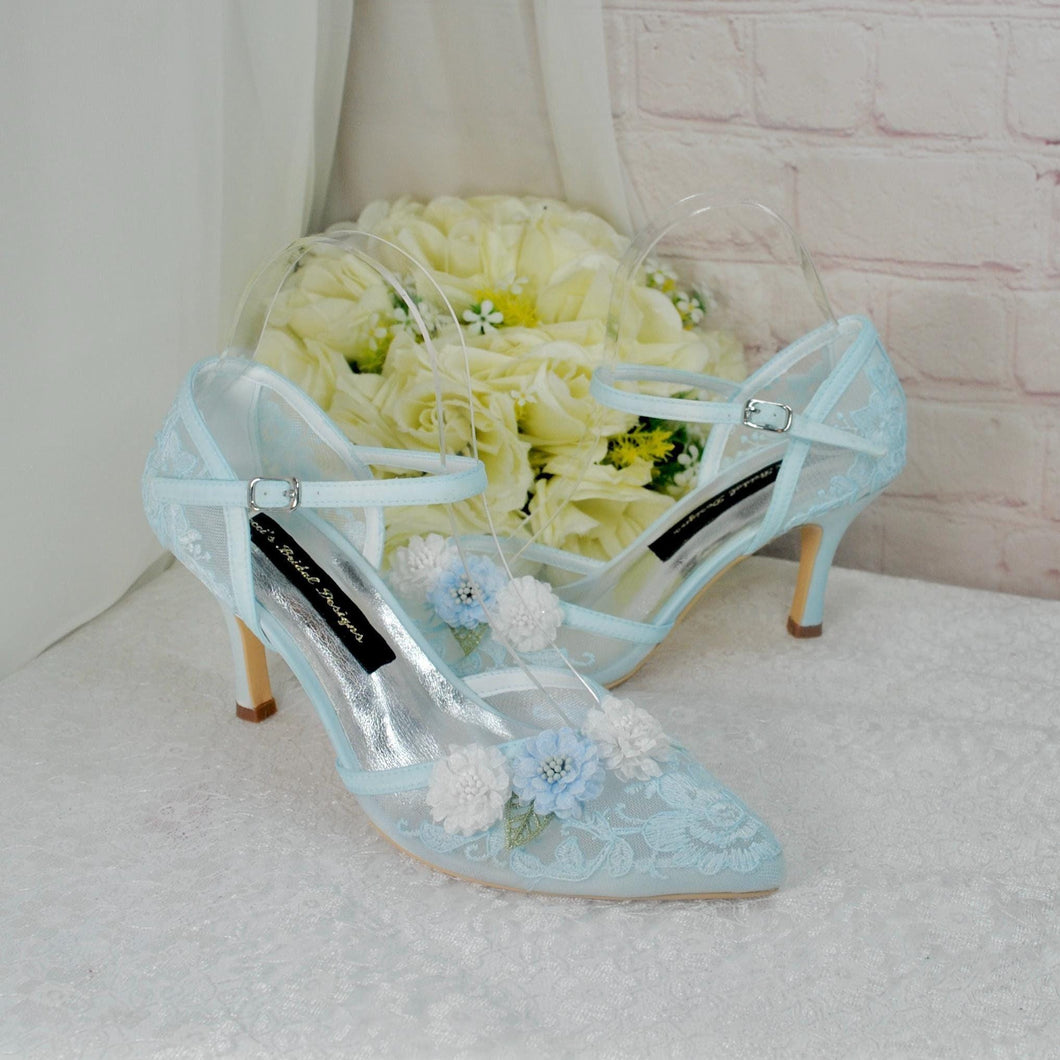 Embroidered Pastel Blue Bridal Shoes: 3D Flower Ankle Strap Heels UK5/US7.5