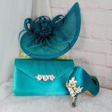 Load image into Gallery viewer, Teal Satin Bridal Set: Handmade Clutch, Fascinator, Heels

