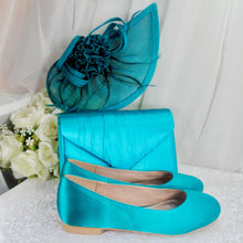 Load image into Gallery viewer, Teal Satin Bridal Set | Handmade Flat Shoes, Clutch Bag &amp; Fascinator
