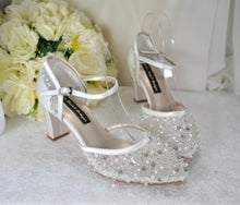 Load image into Gallery viewer, LAST ONE - Handmade Beaded Block Heel Bridal Sandals: Ivory Satin Shoes UK6/US8.5
