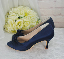 Load image into Gallery viewer, Navy Blue Satin Peep Toe Wedding Heels: Custom Bridesmaid Shoes UK8/US10.5
