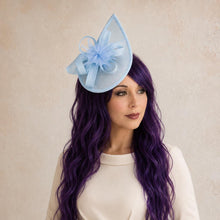 Load image into Gallery viewer, Bridal Fascinator and Satin Clutch Purse Set, Light Blue Hatinator and Bag
