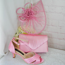 Load image into Gallery viewer, Pink Satin Bridal Set: Heels, Clutch, Fascinator - Handmade Wedding Guest Outfit
