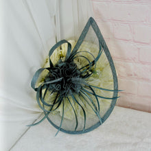 Load image into Gallery viewer, Pewter Dark Grey Satin Bridal Set: Block Heel Shoes, Clutch Bag &amp; Sinamay Fascinator
