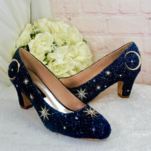 Load image into Gallery viewer, Navy Celestial Wedding Shoes – Glitter Moon &amp; Star Block Heels
