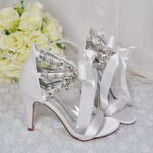 Load image into Gallery viewer, White Wedding Sandals - Handmade Bridal High Heels with Crystal Straps &amp; Ribbon Tie UK4/US6.5
