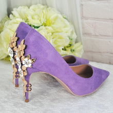 Load image into Gallery viewer, Lilac Suede Bridal Heels - Cherry Blossom Embellished Pumps UK6/US8.5

