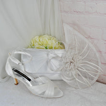Load image into Gallery viewer, White Satin Bridal Set: Heels, Clutch Bag &amp; Fascinator
