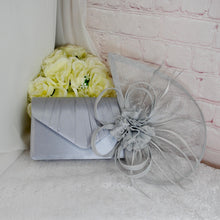 Load image into Gallery viewer, Silver Satin Bridal Set: Handmade Heels, Clutch &amp; Fascinator
