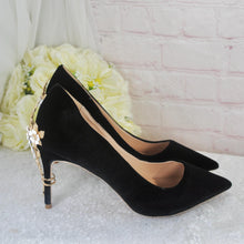 Load image into Gallery viewer, Black Velvet Heels, Clutch Bag &amp; Sinamay Fascinator Set: Handmade Wedding Guest Outfit
