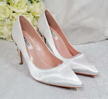 Load image into Gallery viewer, Ivory Satin Bridal Heels: Gold Cherry Blossom Wedding Shoes UK4/US6.5
