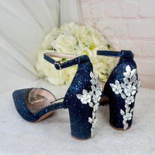 Load image into Gallery viewer, Navy Blue Glitter Bridal Sandals: Cherry Blossom Block Heel Wedding Shoes
